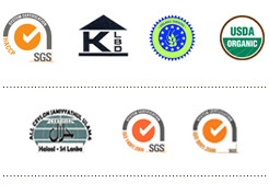 Quality certifications held by Link Natural Products, including SGS, KLBD Kosher, USDA Organic and the Department of Ayurveda, Sri Lanka